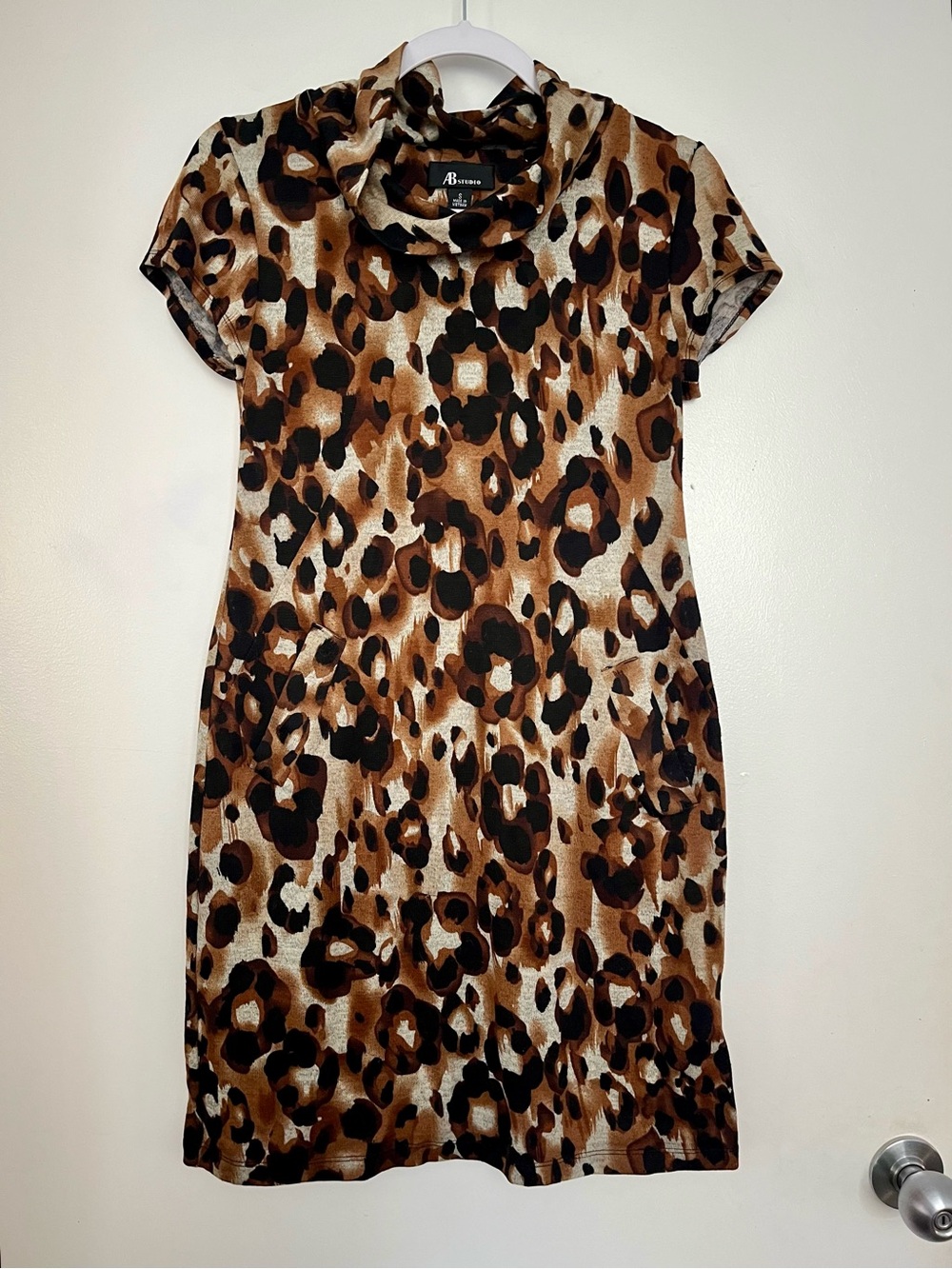 Leopard print cowl neck mini dress with pockets and cap sleeves by AB Studio S